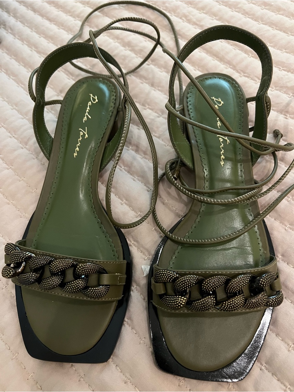 Piazza Flower Olive Green Chain-Trim Lace-Up Sandals